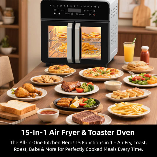 AZIYO Air Fryer Toaster Oven Combo, 24 QT Fench Door Countertop Toaster Oven, 360 Degree Air Flow, 15 Cooking Functions, Digital Controls, 13 Accessories Included, Non-toxic Food Grade Stainless Steel