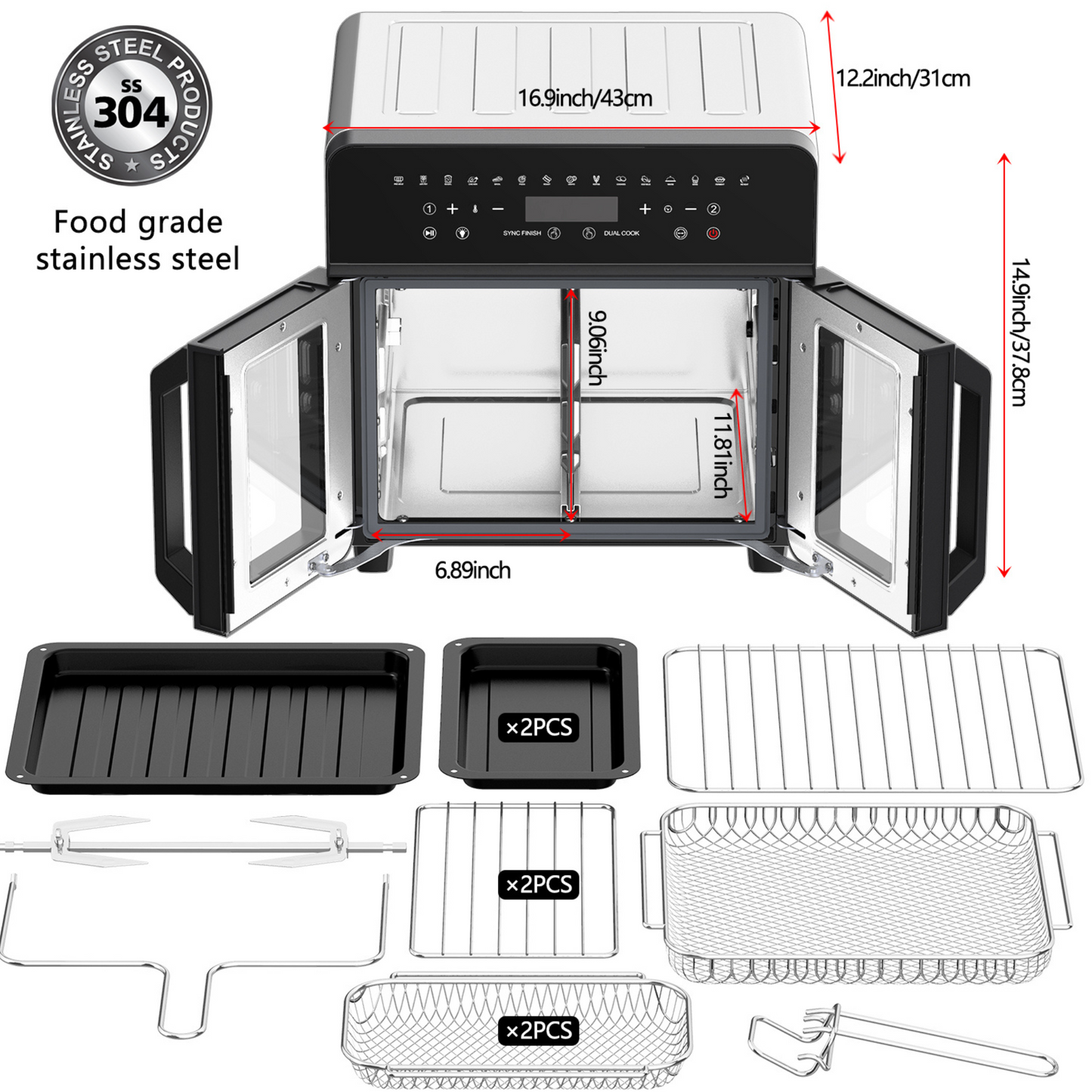 AZIYO Air Fryer Toaster Oven Combo, 24 QT Fench Door Countertop Toaster Oven, 360 Degree Air Flow, 15 Cooking Functions, Digital Controls, 13 Accessories Included, Non-toxic Food Grade Stainless Steel