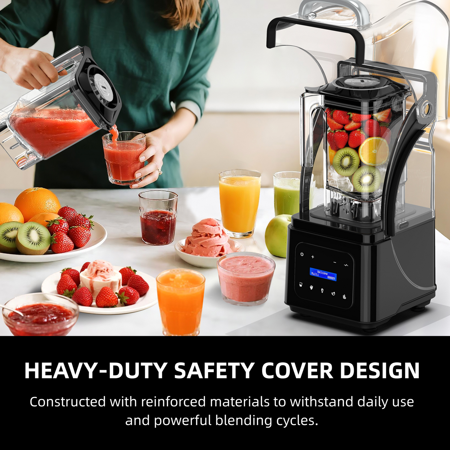 AIZYO Professional Commercial Blender for Kitchen, Heavy Duty Quiet Shield, 2200W Motor, 6 Food Grade Blade, 60 Oz Pitcher, 5 in 1 Functions Countertop Blender for Ice Crush, Smoothies, Shakes, Spreads