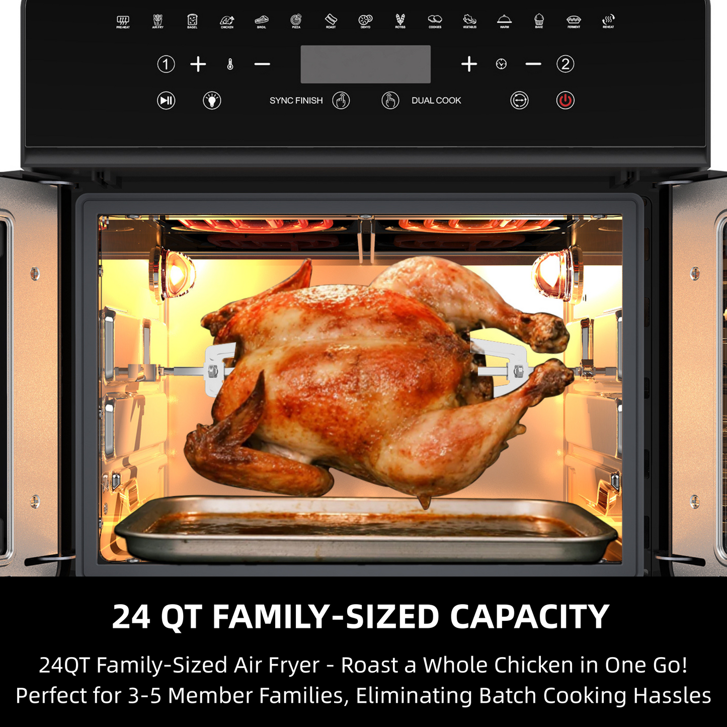 AZIYO Air Fryer Toaster Oven Combo, 24 QT Fench Door Countertop Toaster Oven, 360 Degree Air Flow, 15 Cooking Functions, Digital Controls, 13 Accessories Included, Non-toxic Food Grade Stainless Steel