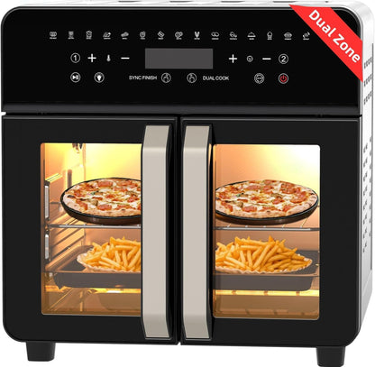 AZIYO Air Fryer Toaster Oven Combo, 24 QT Fench Door Countertop Toaster Oven, 360 Degree Air Flow, 15 Cooking Functions, Digital Controls, 13 Accessories Included, Non-toxic Food Grade Stainless Steel