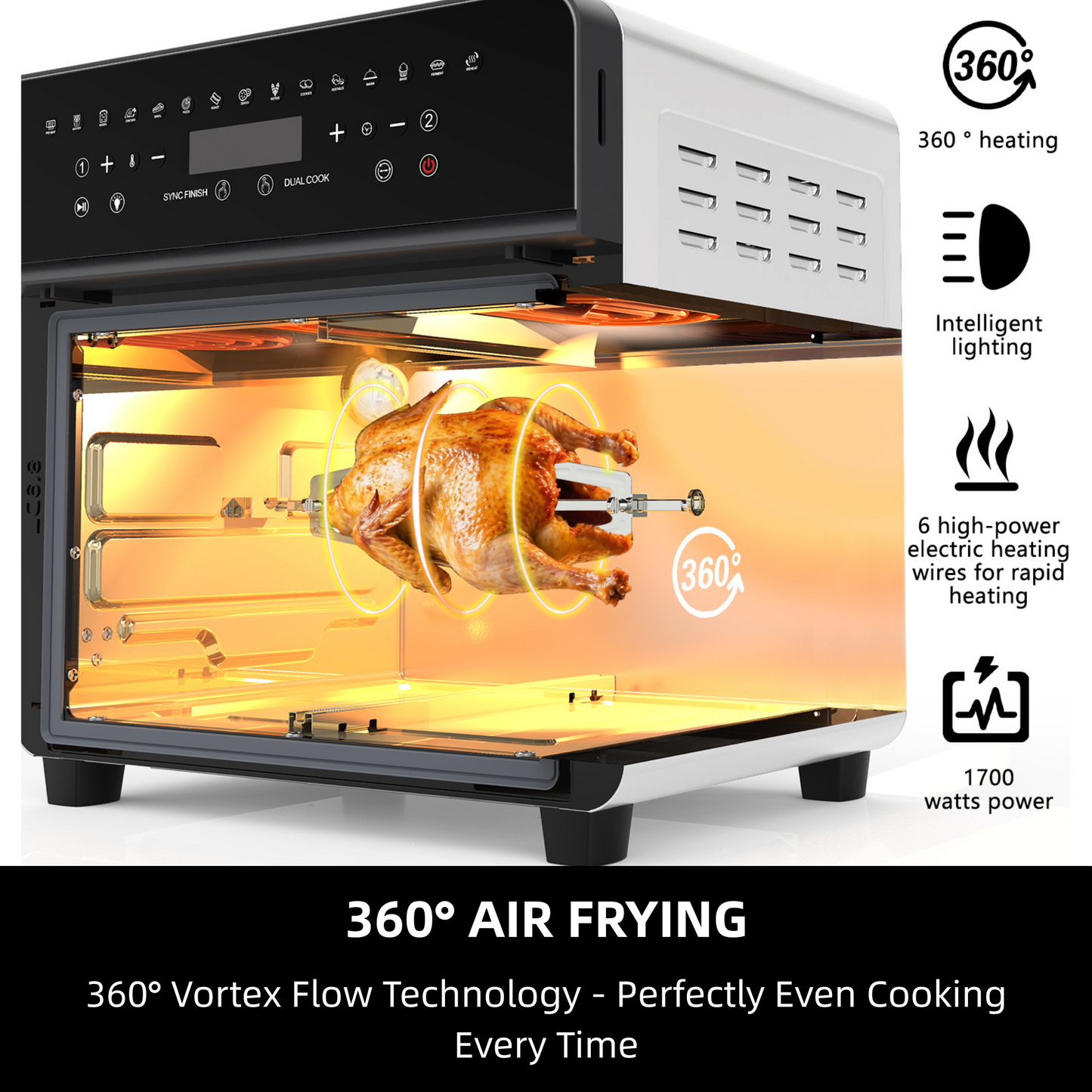 AZIYO Air Fryer Toaster Oven Combo, 24 QT Fench Door Countertop Toaster Oven, 360 Degree Air Flow, 15 Cooking Functions, Digital Controls, 13 Accessories Included, Non-toxic Food Grade Stainless Steel