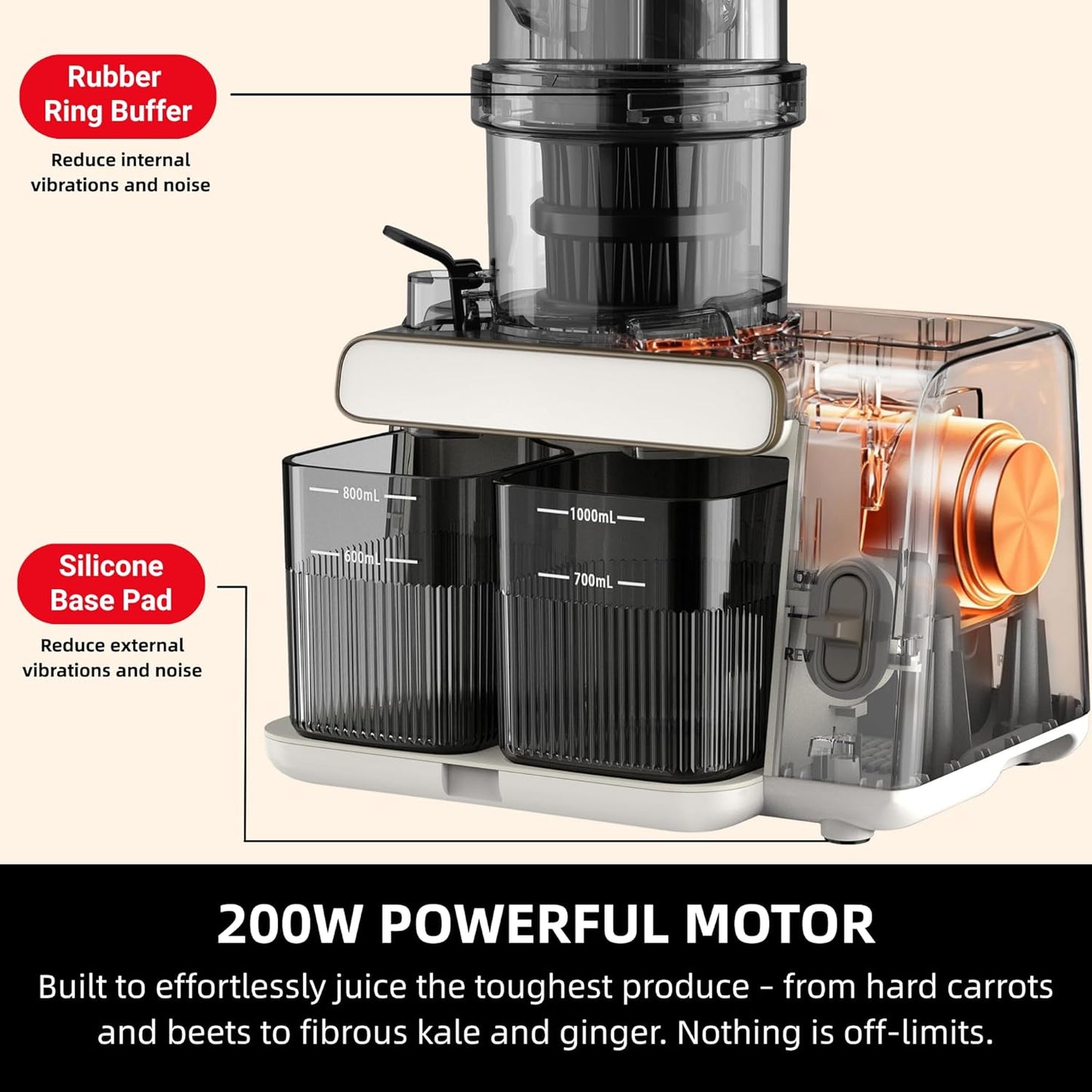 AIZIYO Cold Press Juicer, 99% Juice Yield, 5.4" Wide Feed Chute, 200W Quiet Motor, BPA Free, Automatic Pulp Separation, Slow Masticating Juicer Machine for Whole Fruits & Vegetables, Easy to Clean & Assemble