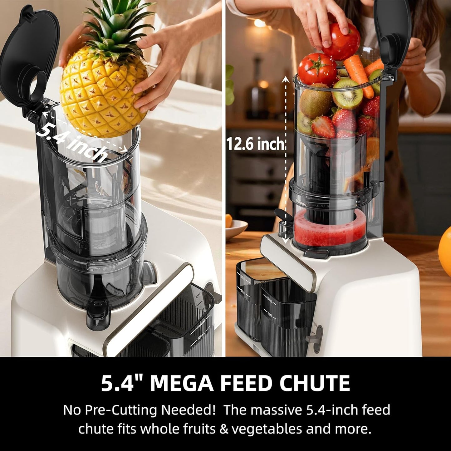 AIZIYO Cold Press Juicer, 99% Juice Yield, 5.4" Wide Feed Chute, 200W Quiet Motor, BPA Free, Automatic Pulp Separation, Slow Masticating Juicer Machine for Whole Fruits & Vegetables, Easy to Clean & Assemble