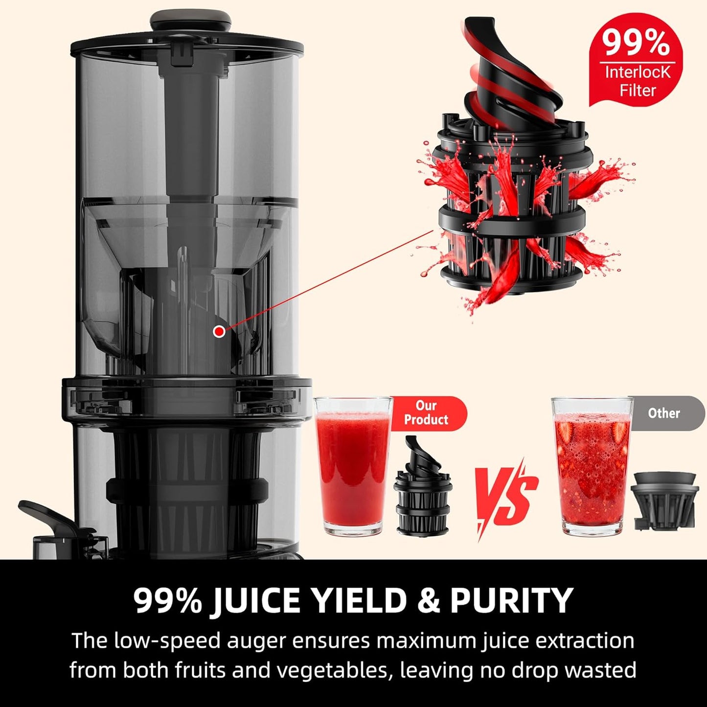 AIZIYO Cold Press Juicer, 99% Juice Yield, 5.4" Wide Feed Chute, 200W Quiet Motor, BPA Free, Automatic Pulp Separation, Slow Masticating Juicer Machine for Whole Fruits & Vegetables, Easy to Clean & Assemble